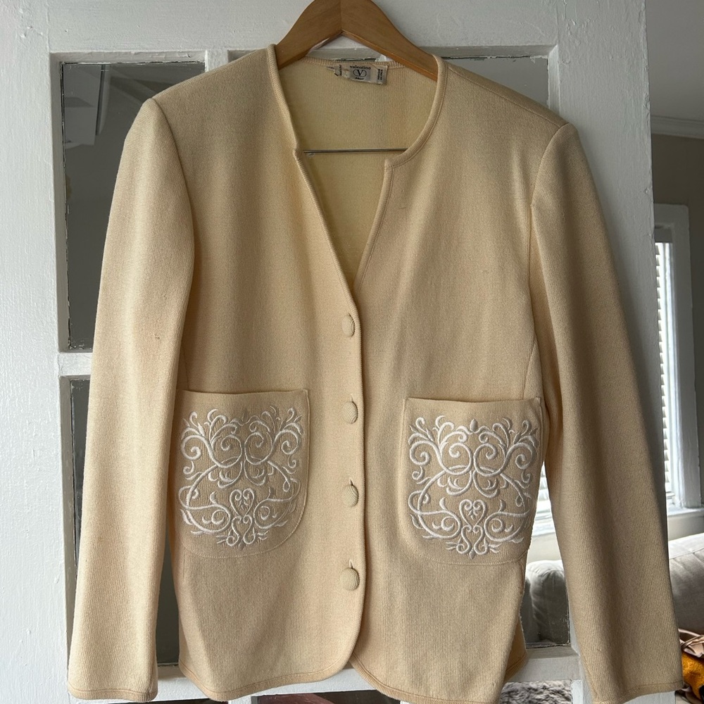 Valentino Cream Women's Cardigan with Embroidered Pockets